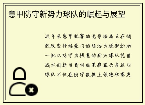 意甲防守新势力球队的崛起与展望